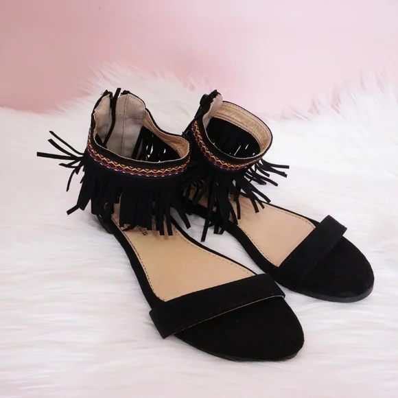Boho Fringe Flat Sandals Black - Picture 5 of 8